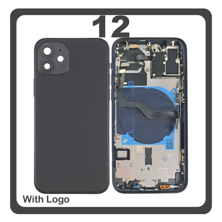 HQ OEM Συμβατό Με Apple iPhone 12 (A2403, A2172) Rear Back Battery Cover Middle Frame- Housing Πίσω Κάλυμμα Καπάκι Πλάτη Μπαταρίας + Power Button + Volume Button Flex Cable + Sim Card Tray + Flashlight Flex + NFC Black Μαύρο (Premium A+)