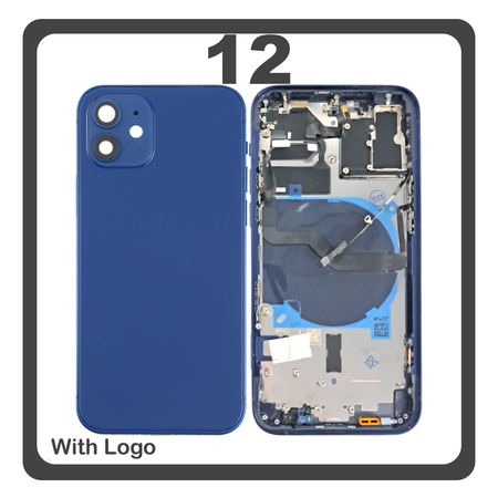 HQ OEM Συμβατό Με Apple iPhone 12 (A2403, A2172) Rear Back Battery Cover Middle Frame- Housing Πίσω Κάλυμμα Καπάκι Πλάτη Μπαταρίας + Power Button + Volume Button Flex Cable + Sim Card Tray + Flashlight Flex + NFC Blue Μπλε (Premium A+)