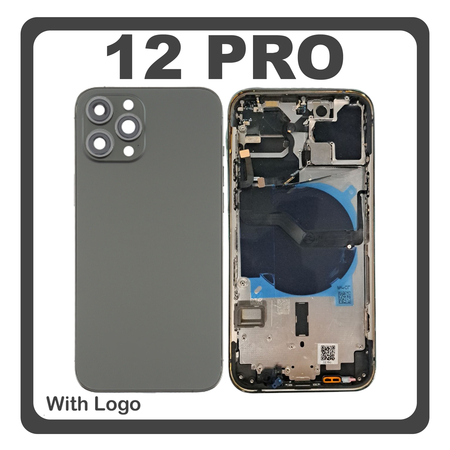 HQ OEM Συμβατό Με Apple iPhone 12 Pro, (A2407, A2341) Rear Back Battery Cover Middle Frame- Housing Πίσω Κάλυμμα Καπάκι Πλάτη Μπαταρίας + Power Button + Volume Button Flex Cable + Sim Card Tray + Flashlight Flex + NFC Black Μαύρο (Premium A+)