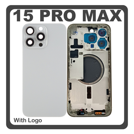 HQ OEM Συμβατό Με Apple iPhone 15 Pro Max, iPhone 15 ProMax (A2849, A3105) Rear Back Battery Cover Middle Frame- Housing Πίσω Κάλυμμα Καπάκι Πλάτη Μπαταρίας + Camera Lens Τζαμάκι Κάμερας + Sim Card Tray + Magsafe + NFC Natural Titanium Γκρι (Premium A+)