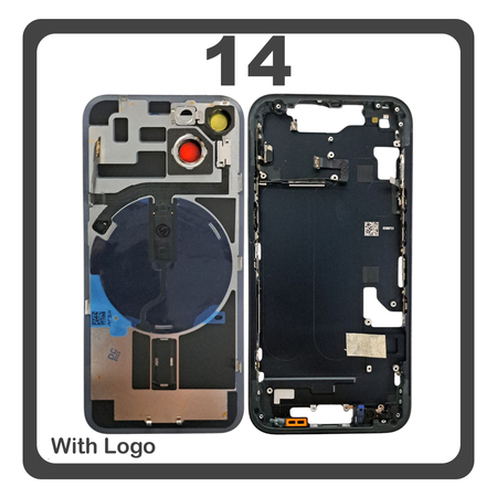 HQ OEM Συμβατό Με Apple iPhone 14, iPhone14 (A2882, A2649) Rear Back Battery Cover Middle Frame + Housing Πίσω Κάλυμμα Καπάκι Πλάτη Μπαταρίας - Σασί + Camera Lens Τζαμάκι Κάμερας + Side Keys  + Sim Tray Θήκη Κάρτας + Flashlight + NFC Black Μαύρο (Premium A+)