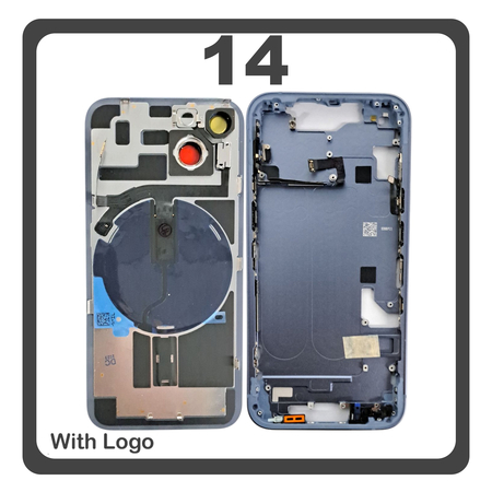 HQ OEM Συμβατό Με Apple iPhone 14, iPhone14 (A2882, A2649) Rear Back Battery Cover Middle Frame + Housing Πίσω Κάλυμμα Καπάκι Πλάτη Μπαταρίας - Σασί + Camera Lens Τζαμάκι Κάμερας + Side Keys  + Sim Tray Θήκη Κάρτας + Flashlight + NFC​ Blue Μπλε (Premium A+)