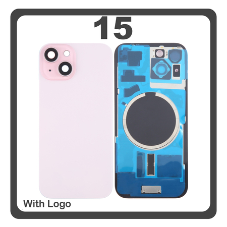 HQ OEM Συμβατό Με iPhone 15 , iPhone15 (A3090, A2846) Rear Back Battery Cover Middle Frame + Housing Πίσω Κάλυμμα Καπάκι Πλάτη Μπαταρίας - Σασί + Camera Lens Τζαμάκι Κάμερας + Side Keys Πλαινά πλήκτρα + Magsafe Pink Ροζ (Premium A+)