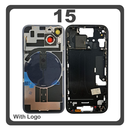 HQ OEM Συμβατό Με iPhone 15 , iPhone15 (A3090, A2846) Rear Back Battery Cover Middle Frame + Housing Πίσω Κάλυμμα Καπάκι Πλάτη Μπαταρίας - Σασί + Camera Lens Τζαμάκι Κάμερας + Side Keys  + Sim Tray Θήκη Κάρτας + Flashlight + NFC Black Μαύρο (Premium A+)
