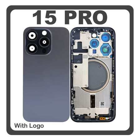 HQ OEM Συμβατό Με Apple iPhone 15 Pro, iPhone 15Pro (A2848, A3101) Rear Back Battery Cover Middle Frame- Housing Πίσω Κάλυμμα Καπάκι Πλάτη Μπαταρίας + Camera Lens Τζαμάκι Κάμερας + Sim Card Tray + Magsafe Blue Titanium Μπλε (Premium A+)