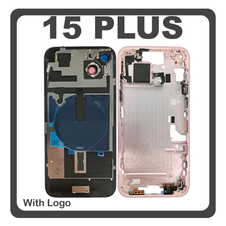 HQ OEM Συμβατό Με Apple iPhone 15 Plus, iPhone 15+ (A3094, A2847) Rear Back Battery Cover Middle Frame + Housing Πίσω Κάλυμμα Καπάκι Πλάτη Μπαταρίας - Σασί + Camera Lens Τζαμάκι Κάμερας + Side Keys  + Sim Tray Θήκη Κάρτας + Flashlight + NFC Pink Ροζ (Premium A+)