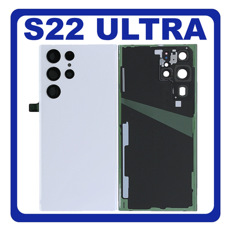 HQ OEM Συμβατό Με Samsung Galaxy S22 Ultra 5G (SM-S908B, SM-S908B/DS, SM-S908) Rear Back Battery Cover Πίσω Κάλυμμα Καπάκι Πλάτη Μπαταρίας + Camera Lens Τζαμάκι Κάμερας White Άσπρο (Premium A+)