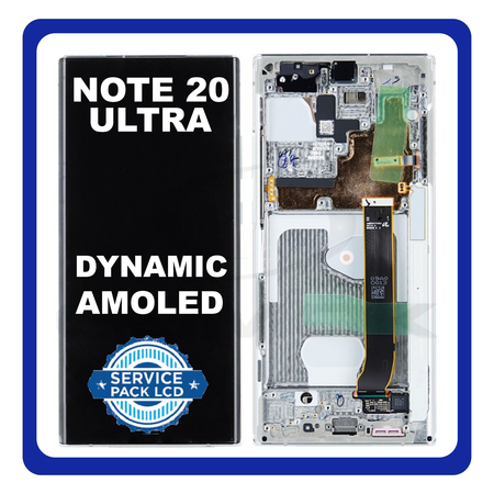 Original Γνήσιο Samsung Galaxy Note 20 Ultra 5G N985 N986 (N985F, N985F/DS, N986B, N986B/DS, N986U, N986U1, N986W, N9860, N986N) Dynamic AMOLED LCD Display Screen Assembly Οθόνη + Touch Digitizer Μηχανισμός Αφής + Frame Bezel Πλαίσιο Σασί Mystic White Άσπρο GH82-23596C GH82-23597C (Service Pack By Samsung)