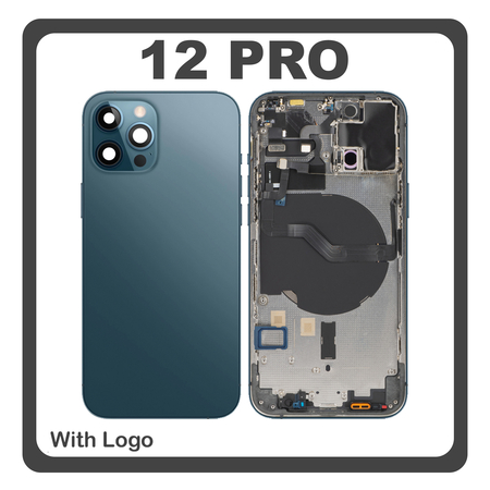 HQ OEM Συμβατό Με Apple iPhone 12 Pro, (A2407, A2341) Rear Back Battery Cover Middle Frame- Housing Πίσω Κάλυμμα Καπάκι Πλάτη Μπαταρίας + Power Button + Volume Button Flex Cable + Sim Card Tray + Flashlight Flex + NFC Blue Μπλε (Premium A+)