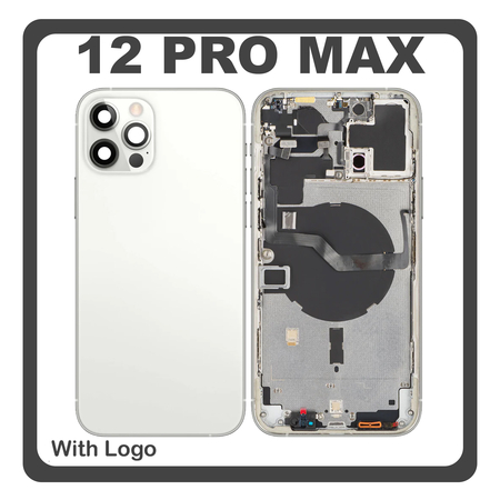 HQ OEM Συμβατό Με Apple iPhone 12 Pro Max, iPhone12 Pro Max (A2411, A2342) Rear Back Battery Cover Middle Frame- Housing Πίσω Κάλυμμα Καπάκι Πλάτη Μπαταρίας + Power Button + Volume Button Flex Cable + Sim Card Tray + Flashlight Flex + NFC White Άσπρο (Premium A+)
