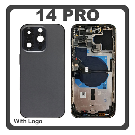 HQ OEM Συμβατό Με Apple iPhone 14 Pro (A2890, A2650) Rear Back Battery Cover Middle Frame- Housing Πίσω Κάλυμμα Καπάκι Πλάτη Μπαταρίας + Power Button + Volume Button Flex Cable + Sim Card Tray + Flashlight Flex + NFC Black Μαύρο (Premium A+)