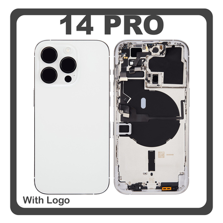 HQ OEM Συμβατό Με Apple iPhone 14 Pro (A2890, A2650) Rear Back Battery Cover Middle Frame- Housing Πίσω Κάλυμμα Καπάκι Πλάτη Μπαταρίας + Power Button + Volume Button Flex Cable + Sim Card Tray + Flashlight Flex + NFC White Άσπρο (Premium A+)