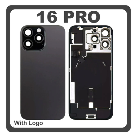 HQ OEM Συμβατό Με Apple iPhone 16 Pro, iPhone 16Pro (A3293, A3083) Rear Back Battery Cover Πίσω Κάλυμμα Καπάκι Πλάτη Μπαταρίας + Metal Plate + Camera Lens Τζαμάκι Κάμερας + Magsafe + NFC + Flashlight Black Titanium Μαύρο (Premium A+)