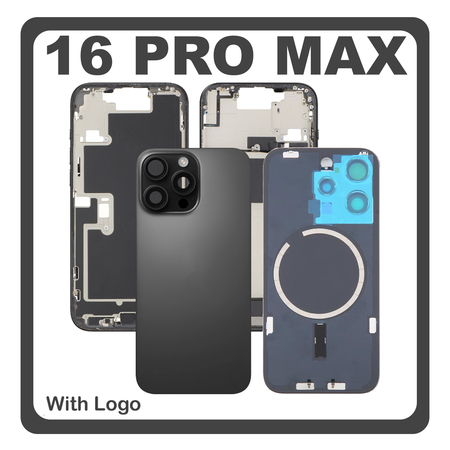 HQ OEM Συμβατό Με Apple iPhone 16 Pro Max, iPhone 16 ProMax (A3296, A3084) Rear Back Battery Cover Middle Frame - Housing Πίσω Κάλυμμα Καπάκι Πλάτη Μπαταρίας + Camera Lens Τζαμάκι Κάμερας + Magsafe + Sim Tray Black Titanium Μαύρο (Premium A+)