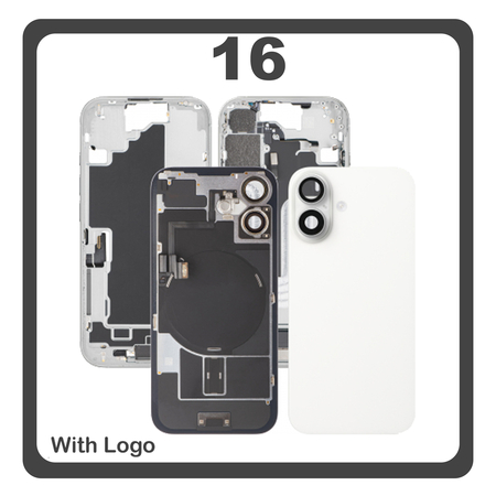 HQ OEM Συμβατό Με Apple iPhone 16, iPhone16 (A3287, A3081) Rear Back Battery Cover Πίσω Κάλυμμα Καπάκι Πλάτη Μπαταρίας + Middle Frame - Housing + Camera Lens Τζαμάκι Κάμερας + Magsafe + NFC + Flashlight Flex White Άσπρο (Premium A+)