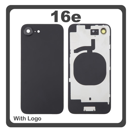 HQ OEM Συμβατό Με Apple iPhone 16e, iPhone16e (A3212, A3409) Rear Back Battery Cover Πίσω Κάλυμμα Καπάκι Πλάτη Μπαταρίας + Metal Plate + Camera Lens Τζαμάκι Κάμερας Black Μαύρο (Premium A+)