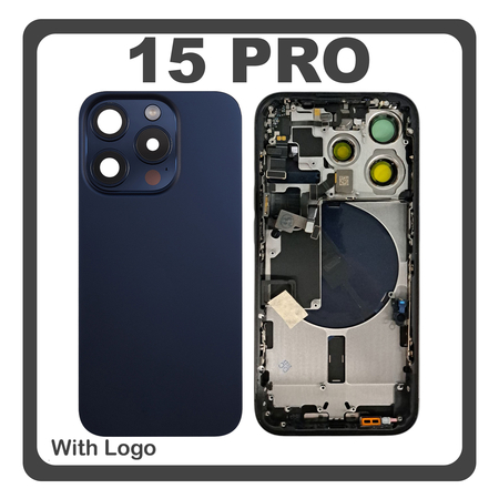 HQ OEM Συμβατό Με Apple iPhone 15 Pro, iPhone 15Pro (A2848, A3101) Rear Back Battery Cover Middle Frame- Housing Πίσω Κάλυμμα Καπάκι Πλάτη Μπαταρίας + Power Button + Volume Button Flex Cable + Sim Card Tray + Flashlight Flex + NFC Blue Titanium Μπλε (Premium A+)