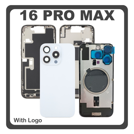 HQ OEM Συμβατό Με Apple iPhone 16 Pro Max, iPhone 16 ProMax (A3296, A3084) Rear Back Battery Cover Middle Frame - Housing Πίσω Κάλυμμα Καπάκι Πλάτη Μπαταρίας + Camera Lens Τζαμάκι Κάμερας + Magsafe + Sim Tray White Titanium Άσπρο (Premium A+)