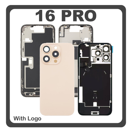 HQ OEM Συμβατό Με Apple iPhone 16 Pro, iPhone 16Pro (A3293, A3083) Rear Back Battery Cover Middle Frame - Housing Πίσω Κάλυμμα Καπάκι Πλάτη Μπαταρίας + Camera Lens Τζαμάκι Κάμερας + Magsafe + NFC + Flashlight Flex Desert Titanium Χρυσό (Premium A+)
