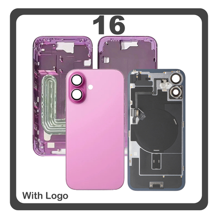 HQ OEM Συμβατό Με Apple iPhone 16, iPhone16 (A3287, A3081) Rear Back Battery Cover Πίσω Κάλυμμα Καπάκι Πλάτη Μπαταρίας + Middle Frame - Housing + Camera Lens Τζαμάκι Κάμερας + Magsafe + NFC + Flashlight Flex Pink Ροζ (Premium A+)