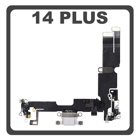Original For Γνήσιο Για iPhone 14 Plus (A2886, A2632) Lightning USB Charging Dock Connector Lightning Flex Καλωδιοταινία Κονέκτορας Φόρτισης + Microphone Μικρόφωνο Midnight White Άσπρο (Pulled)