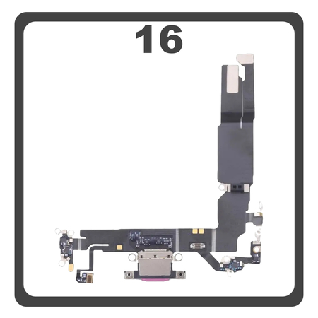 Γνήσια Original For Apple iPhone 16, iPhone16 (A3287, A3081) Charging Dock Connector Type C​ Flex Καλωδιοταινία Κονέκτορας Φόρτισης + Microphone Μικρόφωνο Pink Ροζ Pulled