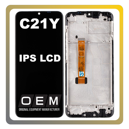 HQ OEM Συμβατό Με Realme C21Y (RMX3261, RMX3263) IPS LCD Display Screen Assembly Οθόνη + Touch Screen Digitizer Μηχανισμός Αφής + Frame Bezel Πλαίσιο Σασί Cross Black Μαύρο (Premium A+)