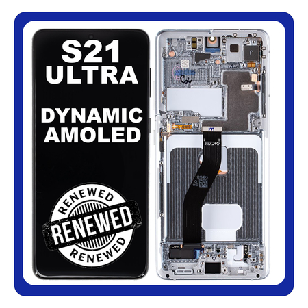 Γνήσια Original Samsung Galaxy S21 Ultra 5G G998 (SM-G998B, SM-G998B/DS) Dynamic AMOLED Οθόνη LCD Display Screen + Touch Screen DIgitizer Μηχανισμός Αφής + Frame Πλαίσιο NO CAMERA GH82-26035B GH82-26036B Phantom Silver Ασημί (Renewed)