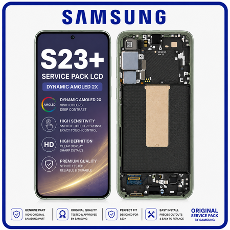 Γνήσια Original Samsung Galaxy S23+ 5G (SM-S916B, SM-S916B/DS) Dynamic AMOLED 2X LCD Display Screen Assembly Οθόνη + Touch Screen Digitizer Μηχανισμός Αφής + Frame Bezel Πλαίσιο Σασί Green Πράσινο GH82-30476C GH82-30477C (Service Pack By Samsung)