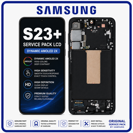 Γνήσια Original Samsung Galaxy S23+ 5G (SM-S916B, SM-S916B/DS) Dynamic AMOLED 2X LCD Display Screen Assembly Οθόνη + Touch Screen Digitizer Μηχανισμός Αφής + Frame Bezel Πλαίσιο Σασί Phantom Black Μαύρο GH82-30476A GH82-30477A (Service Pack By Samsung)