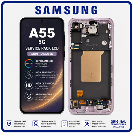 Γνήσια Original Samsung Galaxy A55 5G (SM-A556V, SM-A556B) Super AMOLED LCD Display Screen Assembly Οθόνη + Touch Screen Digitizer Μηχανισμός Αφής + Frame Bezel Πλαίσιο Σασί Lilac Μωβ GH82-34305C (Service Pack By Samsung)