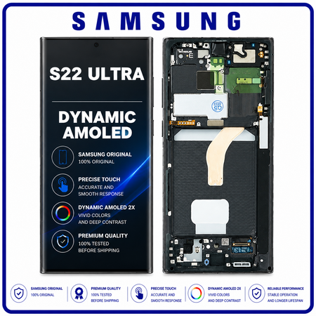 Γνήσιο Original Samsung Galaxy S22 Ultra 5G, S22Ultra 5G (SM-S908B, SM-S908B/DS) Dynamic AMOLED LCD Display Screen Assembly Οθόνη + Touch Screen Digitizer Μηχανισμός Αφής + Frame Bezel Πλαίσιο Σασί Black Μαύρο GH82-27488A (Service Pack By Samsung)