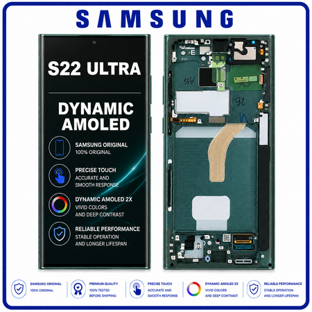 Γνήσιο Original Samsung Galaxy S22 Ultra 5G, S22Ultra 5G (SM-S908B, SM-S908B/DS) Dynamic AMOLED LCD Display Screen Assembly Οθόνη + Touch Screen Digitizer Μηχανισμός Αφής + Frame Bezel Πλαίσιο Σασί Green Πράσινο GH82-27488D (Service Pack By Samsung)
