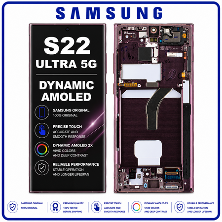 Γνήσια Original Samsung Galaxy S22 Ultra 5G (SM-S908B, SM-S908B/DS) Dynamic AMOLED LCD Display Screen Assembly Οθόνη + Touch Screen Digitizer Μηχανισμός Αφής + Frame Bezel Πλαίσιο Σασί Burgundy Μπορντό GH82-27489B GH82-27488B  (Service Pack By Samsung)