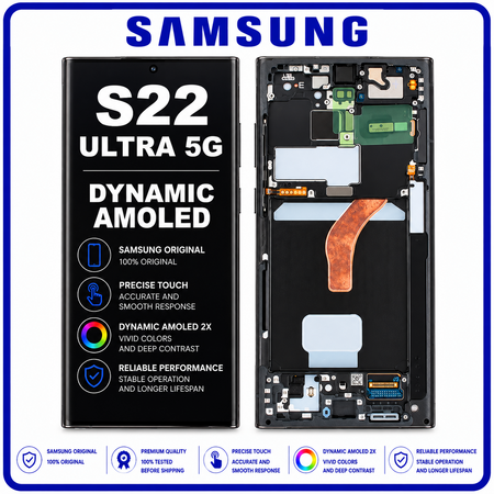 Γνήσια Original Samsung Galaxy S22 Ultra 5G (SM-S908B, SM-S908B/DS) Dynamic AMOLED LCD Display Screen Assembly Οθόνη + Touch Screen Digitizer Μηχανισμός Αφής + Frame Bezel Πλαίσιο Σασί Graphite, Blue, Red GH82-27489E GH82-27488E​​ (Service Pack By Samsung)