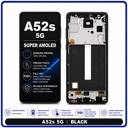 Γνήσια Original Samsung Galaxy A52s 5G (SM-A528B, SM-A528B/DS) Super AMOLED LCD Display Screen Assembly Οθόνη + Touch Screen Digitizer Μηχανισμός Αφής + Frame Bezel Πλαίσιο Σασί Black Μαύρο GH82-26861A (Service Pack By Samsung)