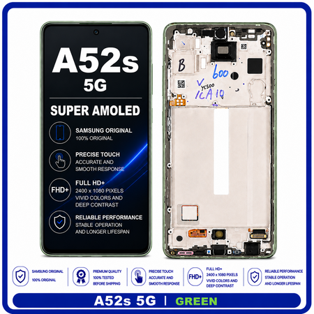 Γνήσια Original Samsung Galaxy A52s 5G (SM-A528B, SM-A528B/DS) Super AMOLED LCD Display Screen Assembly Οθόνη + Touch Screen Digitizer Μηχανισμός Αφής + Frame Bezel Πλαίσιο Σασί Awesome Mint Green Πράσινο GH82-26861E (Service Pack By Samsung)