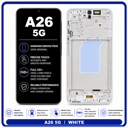 Γνήσια Original Samsung Galaxy A26 5G (SM-A266B) Super AMOLED LCD Display Screen Assembly Οθόνη + Touch Screen Digitizer Μηχανισμός Αφής + Frame Bezel White Άσπρο GH82-37049B​ (Service Pack By Samsung)