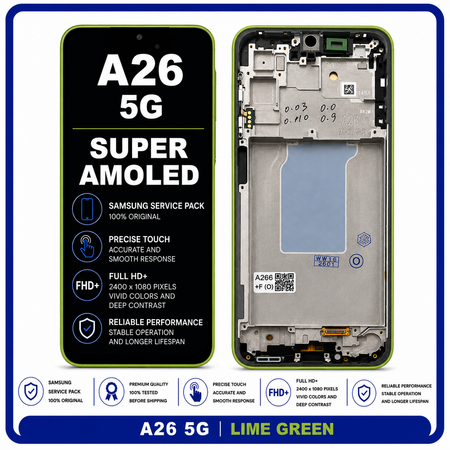 Γνήσια Original Samsung Galaxy A26 5G (SM-A266B) Super AMOLED LCD Display Screen Assembly Οθόνη + Touch Screen Digitizer Μηχανισμός Αφής + Frame Bezel Lime Green Πράσινο GH82-37049C (Service Pack By Samsung)