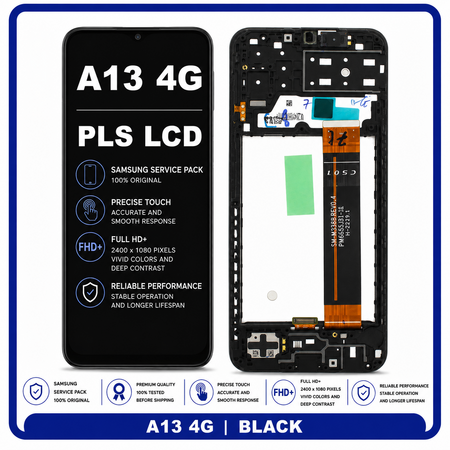 Γνήσια Original Samsung Galaxy A13 4G (SM-A137F, SM-A137F/DSN, SM-A137F/DS) PLS LCD Display Screen Assembly Οθόνη + Touch Screen Digitizer Μηχανισμός Αφής + Frame Bezel Πλαίσιο Σασί Black Μαύρο GH82-29227A (Service Pack By Samsung) GH82-29228A