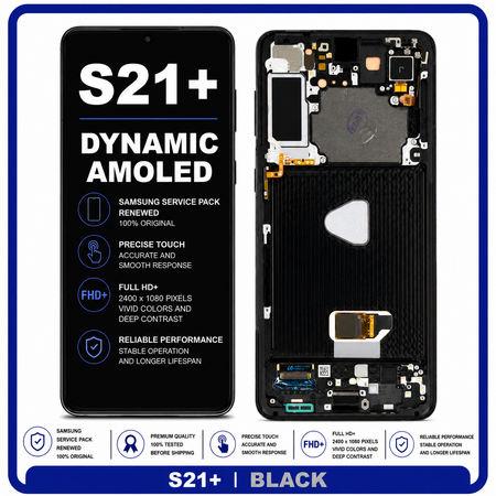 Original Samsung Galaxy S21 Plus 5G (G996B, G996B/DS) Dynamic AMOLED LCD Display Screen + Touch Screen Digitizer + Frame No Camera Black GH82-27268A (Renewed)