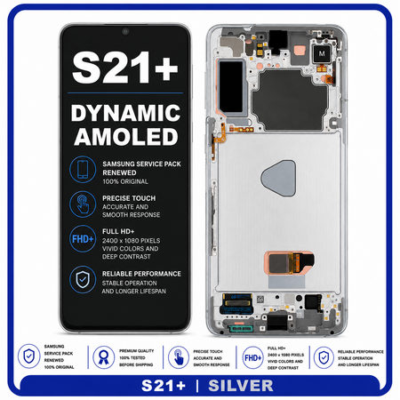 Γνήσιο Original Samsung Galaxy S21+ 5G S21 Plus 5G 2021 (G996B, G996B/DS) Dynamic AMOLED LCD Display Screen Assembly Οθόνη + Touch Screen Digitizer Μηχανισμός Αφής + Frame Bezel Πλαίσιο Σασί No Camera Phantom Silver GH82-24554C (Renewed)